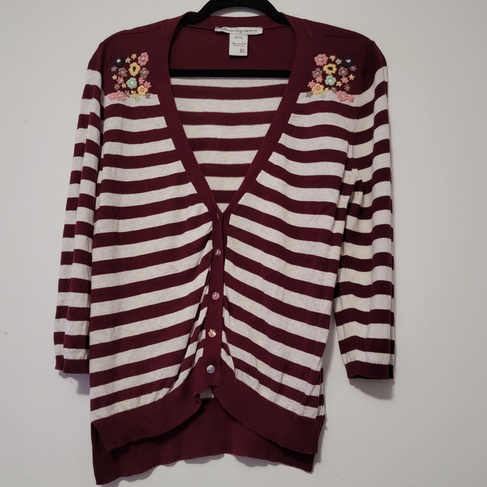 American Rag Striped-Long-Sleeve Cardigan with Embroidered flowers, Size XL